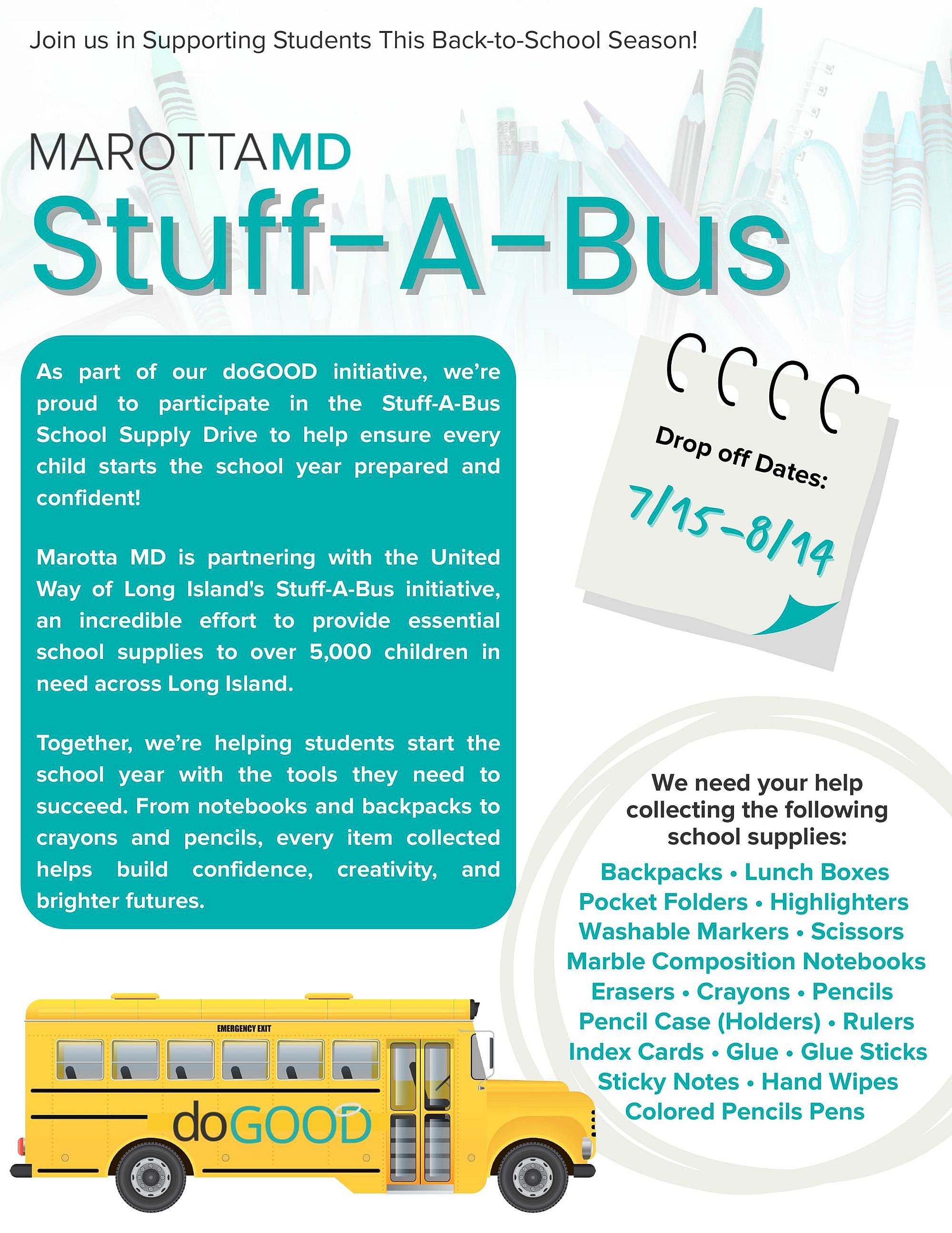 Back-to-school supply drive announcement for students.