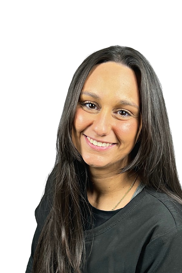 Smiling woman with long hair in black shirt.