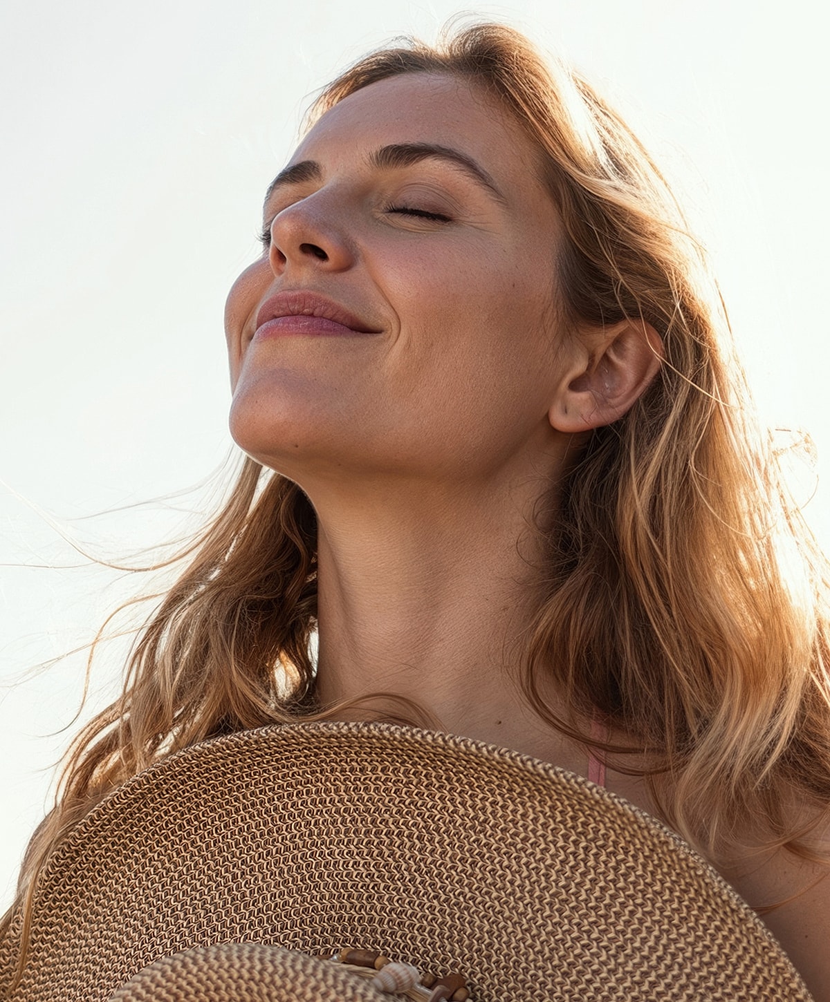 Woman enjoying the sun with a hat.