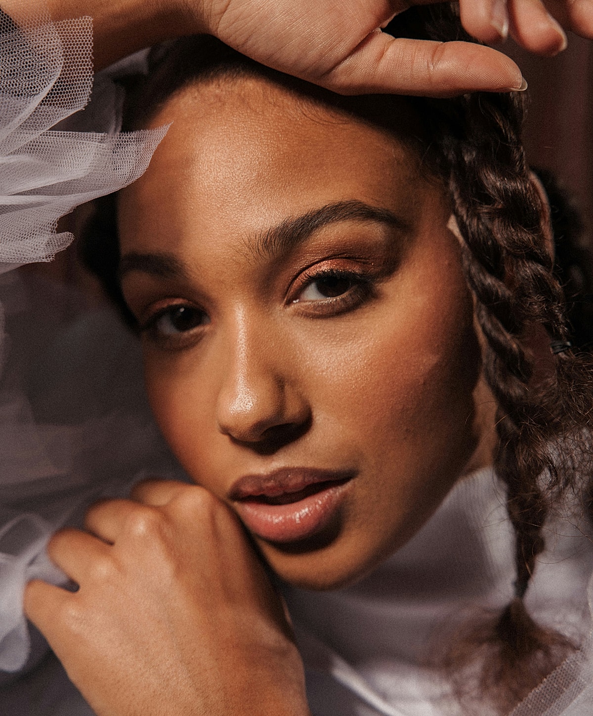 Close-up portrait of a woman with braids.