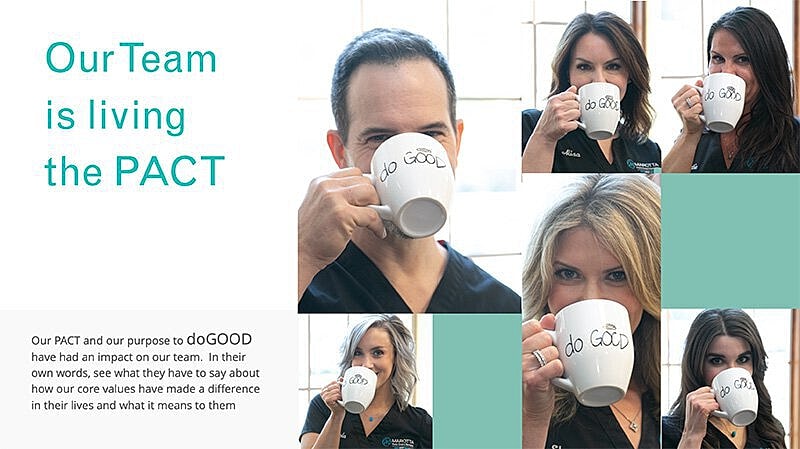 Team showcasing values with coffee mugs.